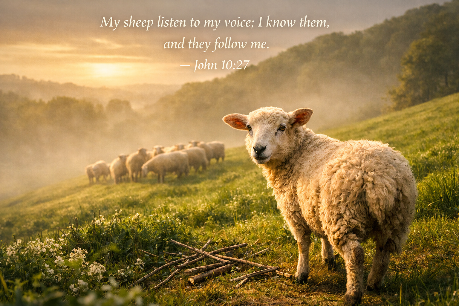 Single sheep head turned hearing its name called on green hillside — John 10:27 Bible verse wallpaper